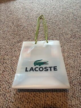 Lacoste White Plastic Tote Bag with Green Crocodile Logo and Green Handles Y2K